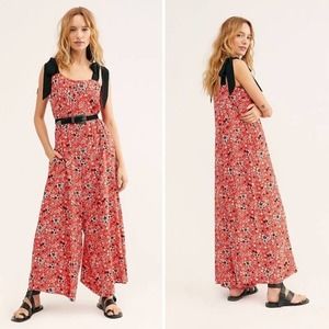 Free People Jumpsuit XS Red Floral Print Cecilia Wide Leg Bohemian